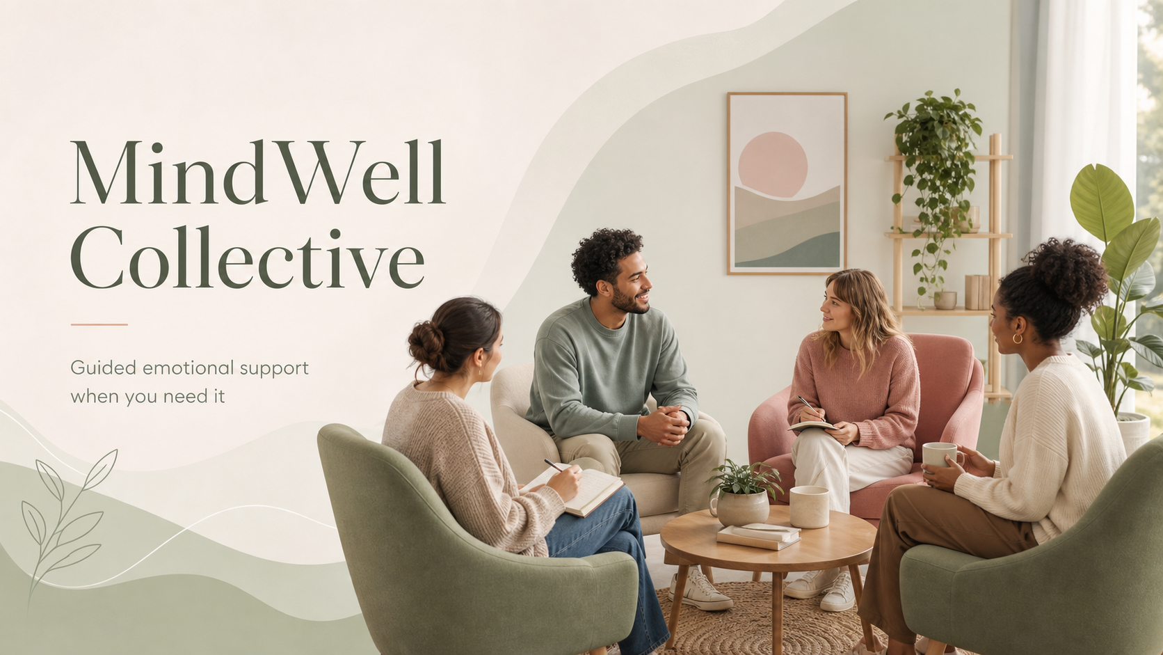 A warm group therapy session — people seated in a circle, talking and journaling in a calm, plant-filled room