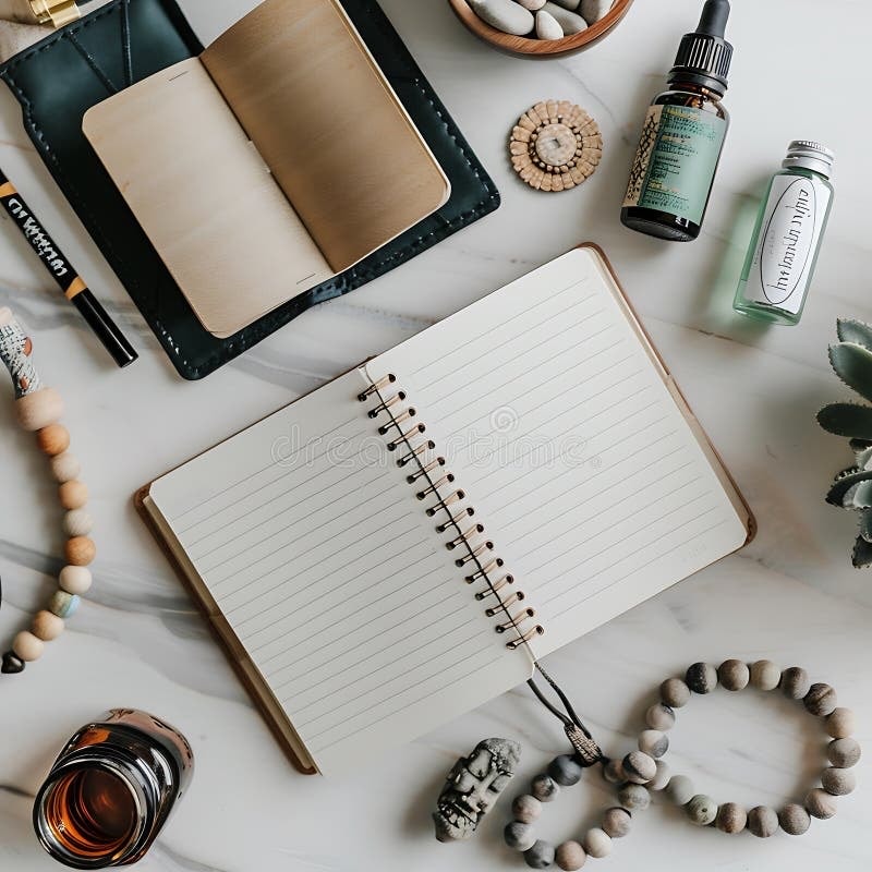 Wellness items — journal, essential oils, and calming objects on a marble surface